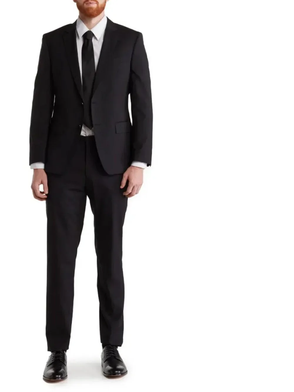 Hugo Boss Huge Genius Black Solid Two-Button Notch Lapel Wool Suit Size 36-R